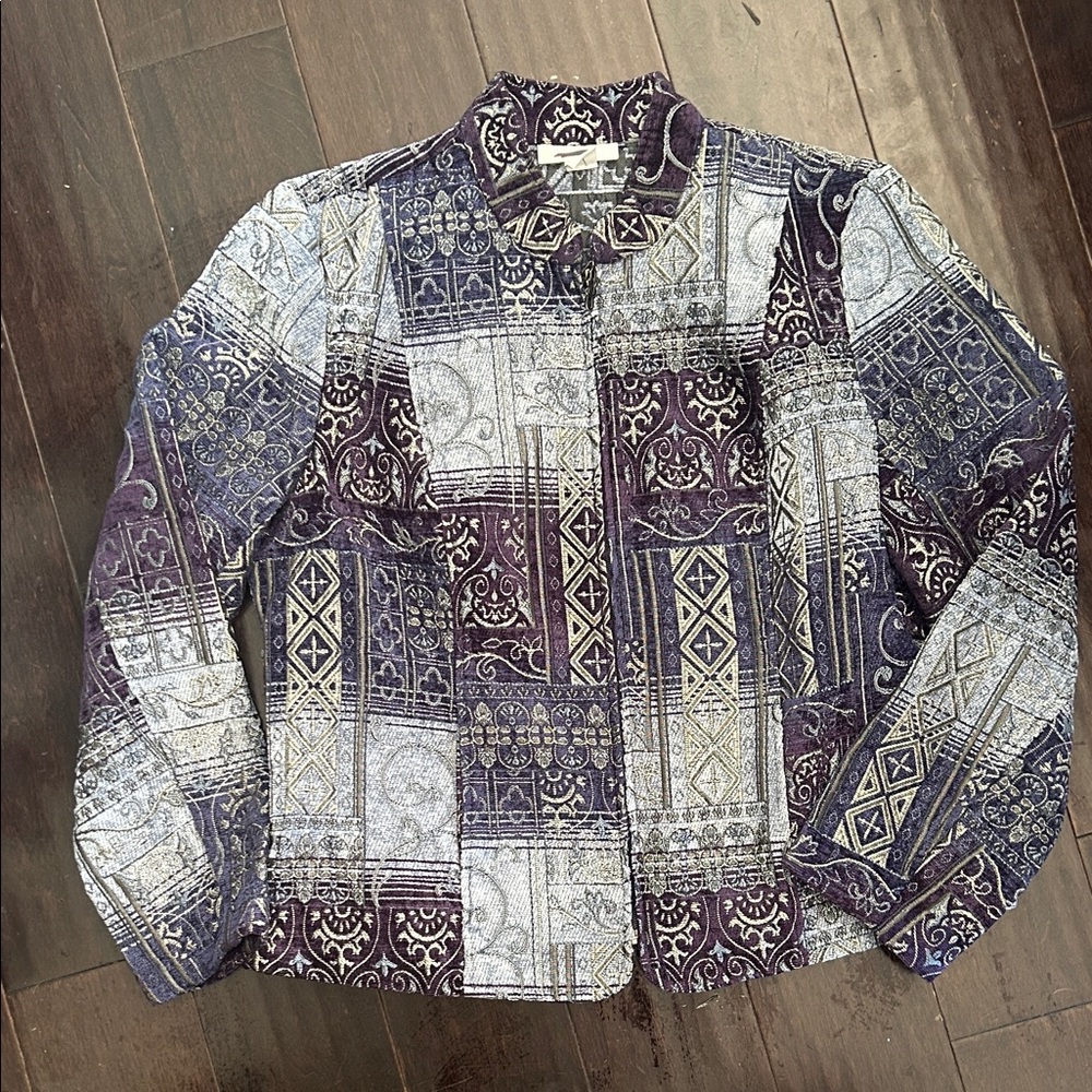 Dressbarn L Purple Gray Textured Jacket blazer tapestry denim zipper front jeans
